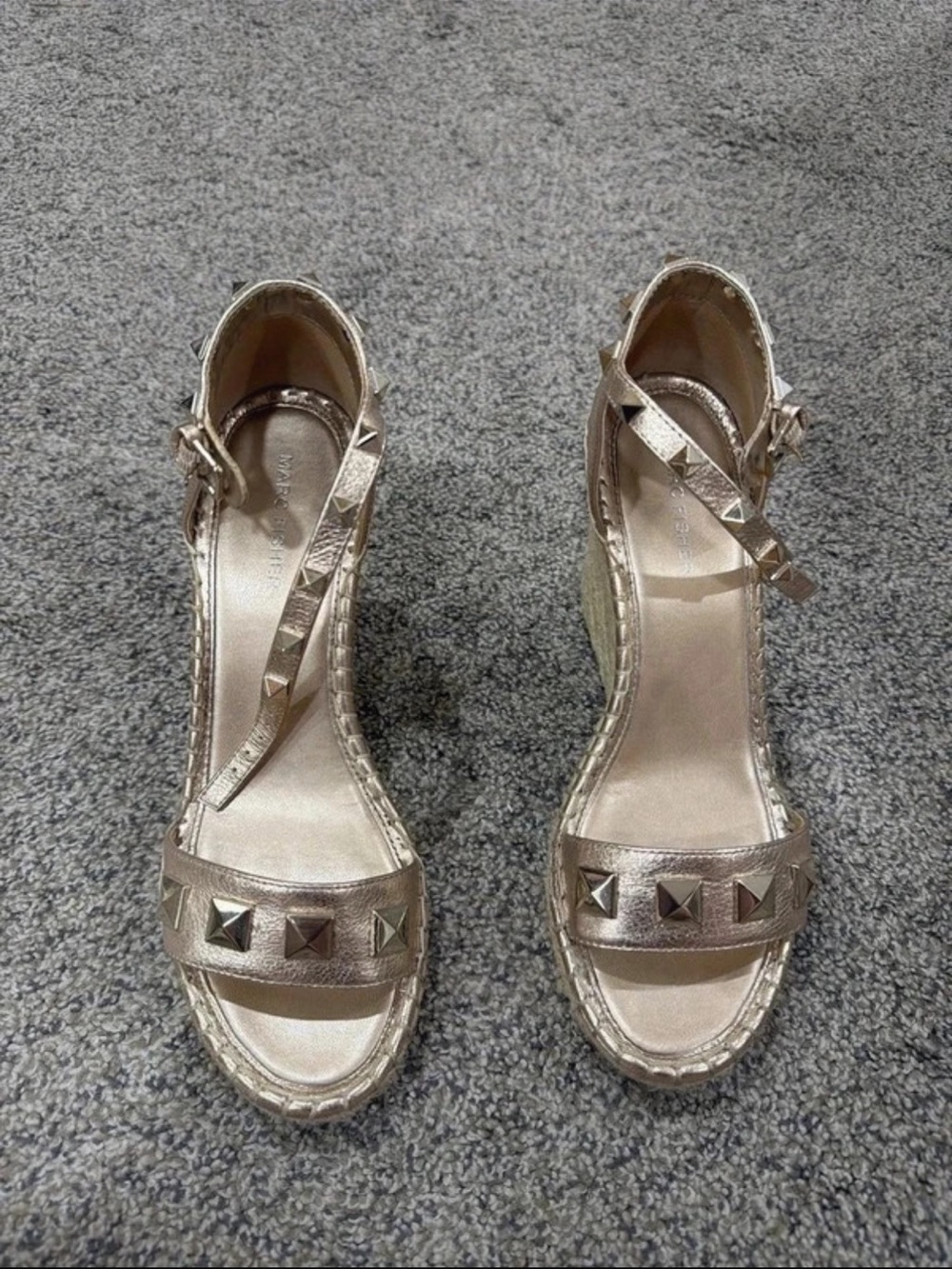 Metallic Gold Studded Ankle-Strap Wedge Sandals - Women